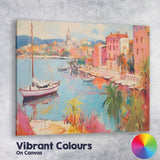 Mediterranean Coastal Harbour Pastel Sailboats Seaside Village Impressionist Canvas Wall Art Print Decor Picture Ready to Hang