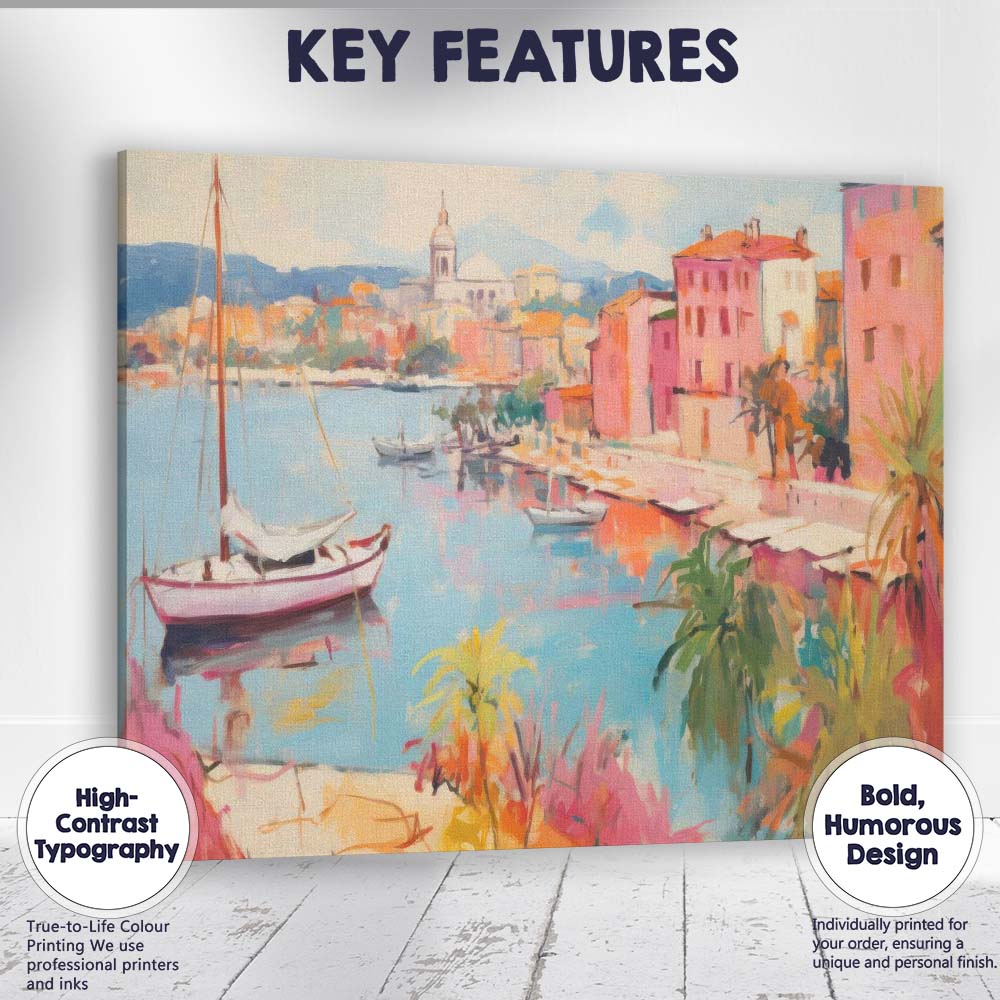Mediterranean Coastal Harbour Pastel Sailboats Seaside Village Impressionist Canvas Wall Art Print Decor Picture Ready to Hang