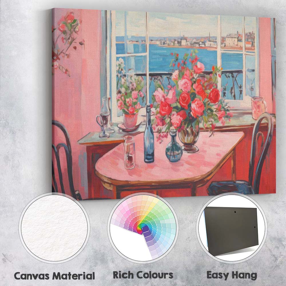 Romantic Pink Dining Room Coastal Window Floral Interior Canvas Wall Art Print Decor Picture Ready to Hang