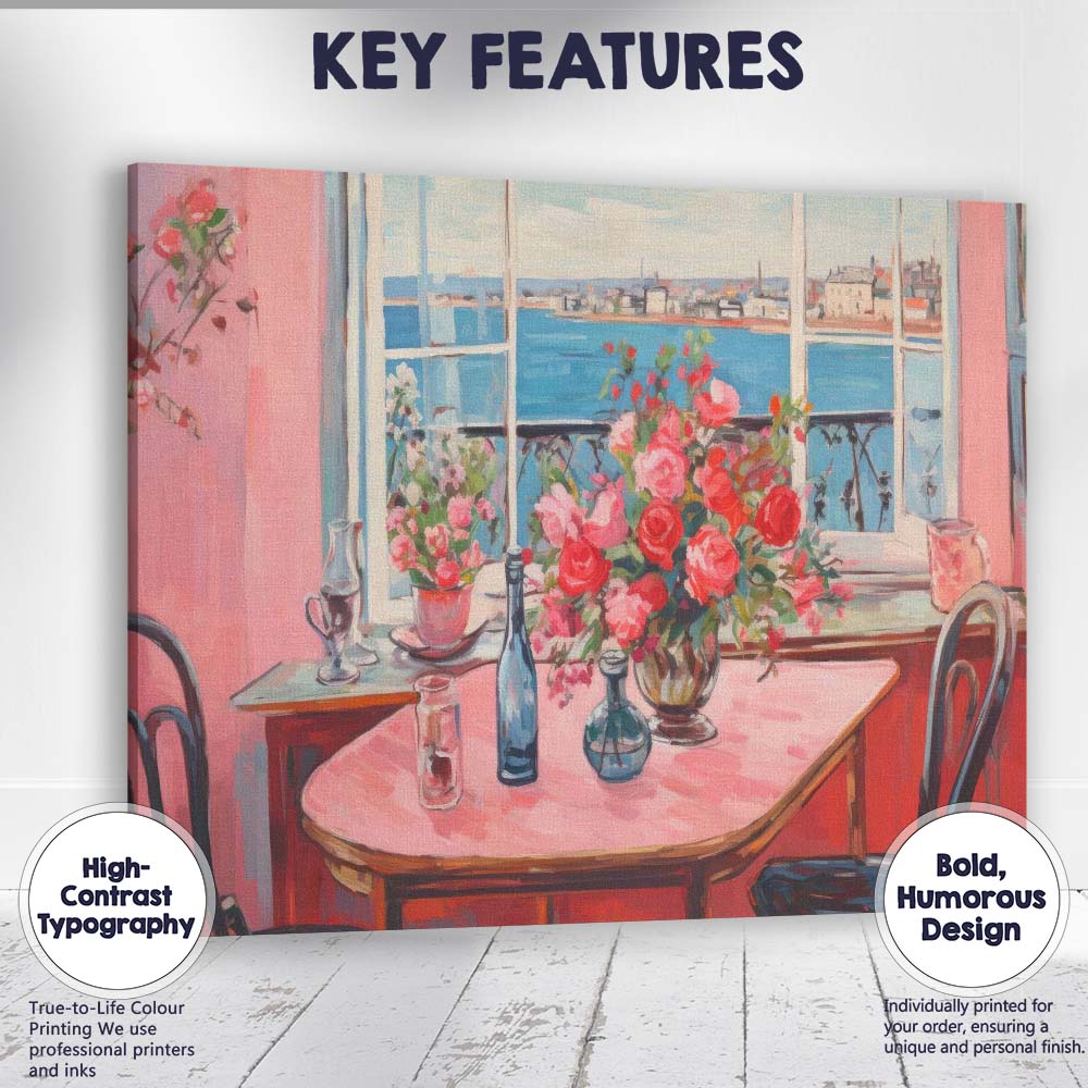 Romantic Pink Dining Room Coastal Window Floral Interior Canvas Wall Art Print Decor Picture Ready to Hang