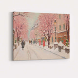 Snow Covered Pink Blossom City Street Winter Impressionist Canvas Wall Art Print Decor Picture Ready to Hang