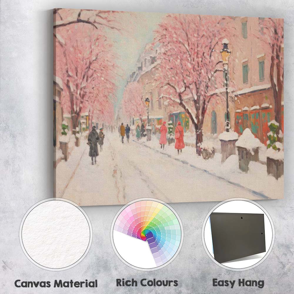 Snow Covered Pink Blossom City Street Winter Impressionist Canvas Wall Art Print Decor Picture Ready to Hang