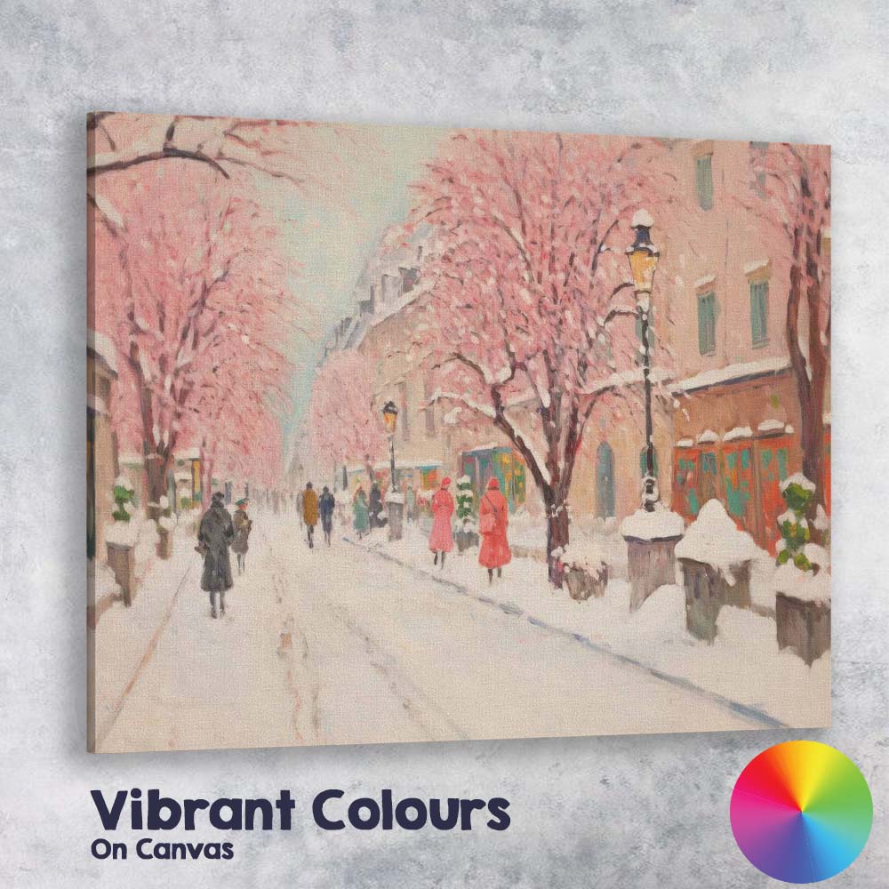 Snow Covered Pink Blossom City Street Winter Impressionist Canvas Wall Art Print Decor Picture Ready to Hang