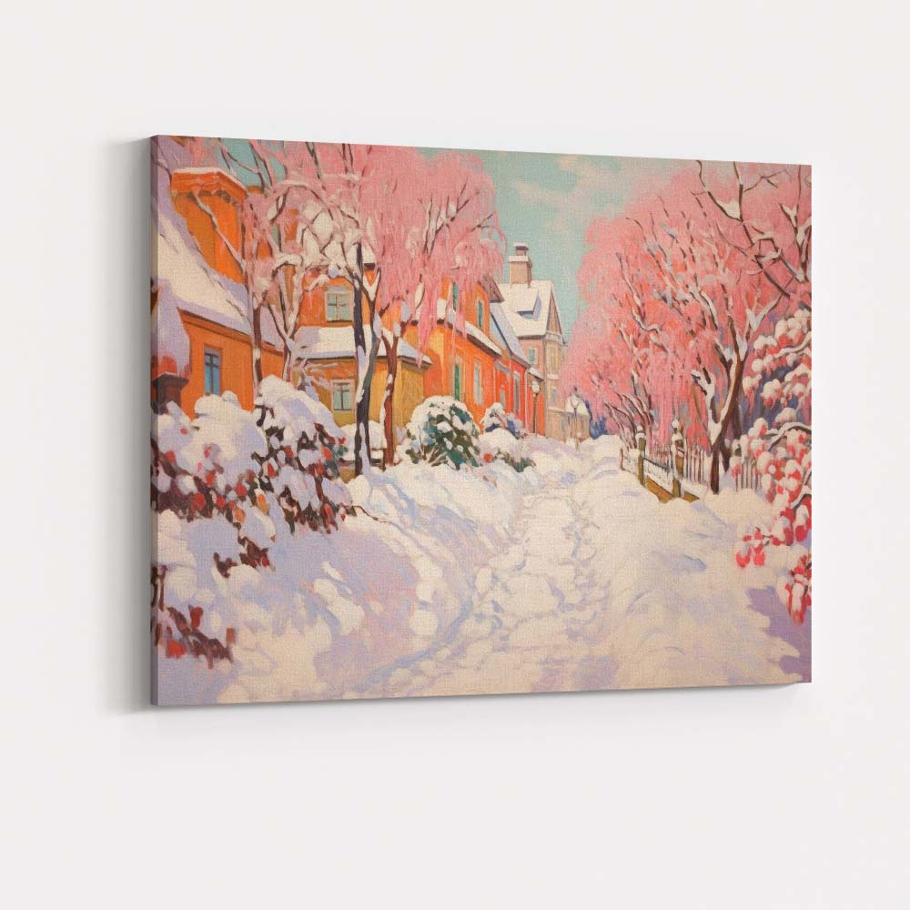Snow Covered Pink Blossom Village Street Winter Impressionist Canvas Wall Art Print Decor Picture Ready to Hang