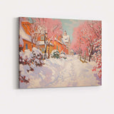 Snow Covered Pink Blossom Village Street Winter Impressionist Canvas Wall Art Print Decor Picture Ready to Hang