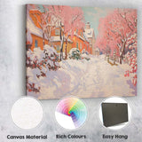 Snow Covered Pink Blossom Village Street Winter Impressionist Canvas Wall Art Print Decor Picture Ready to Hang