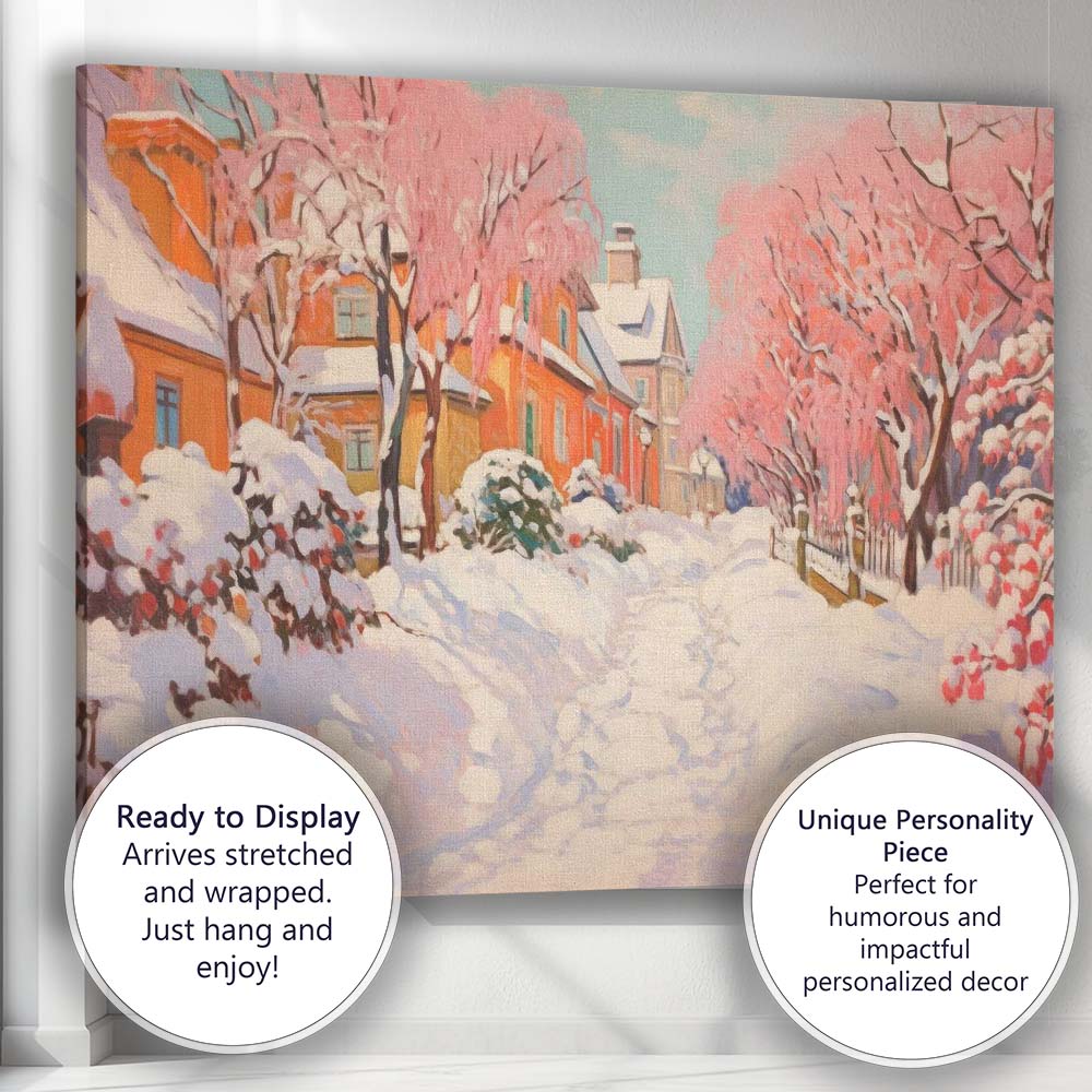 Snow Covered Pink Blossom Village Street Winter Impressionist Canvas Wall Art Print Decor Picture Ready to Hang