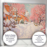 Snow Covered Pink Blossom Village Street Winter Impressionist Canvas Wall Art Print Decor Picture Ready to Hang