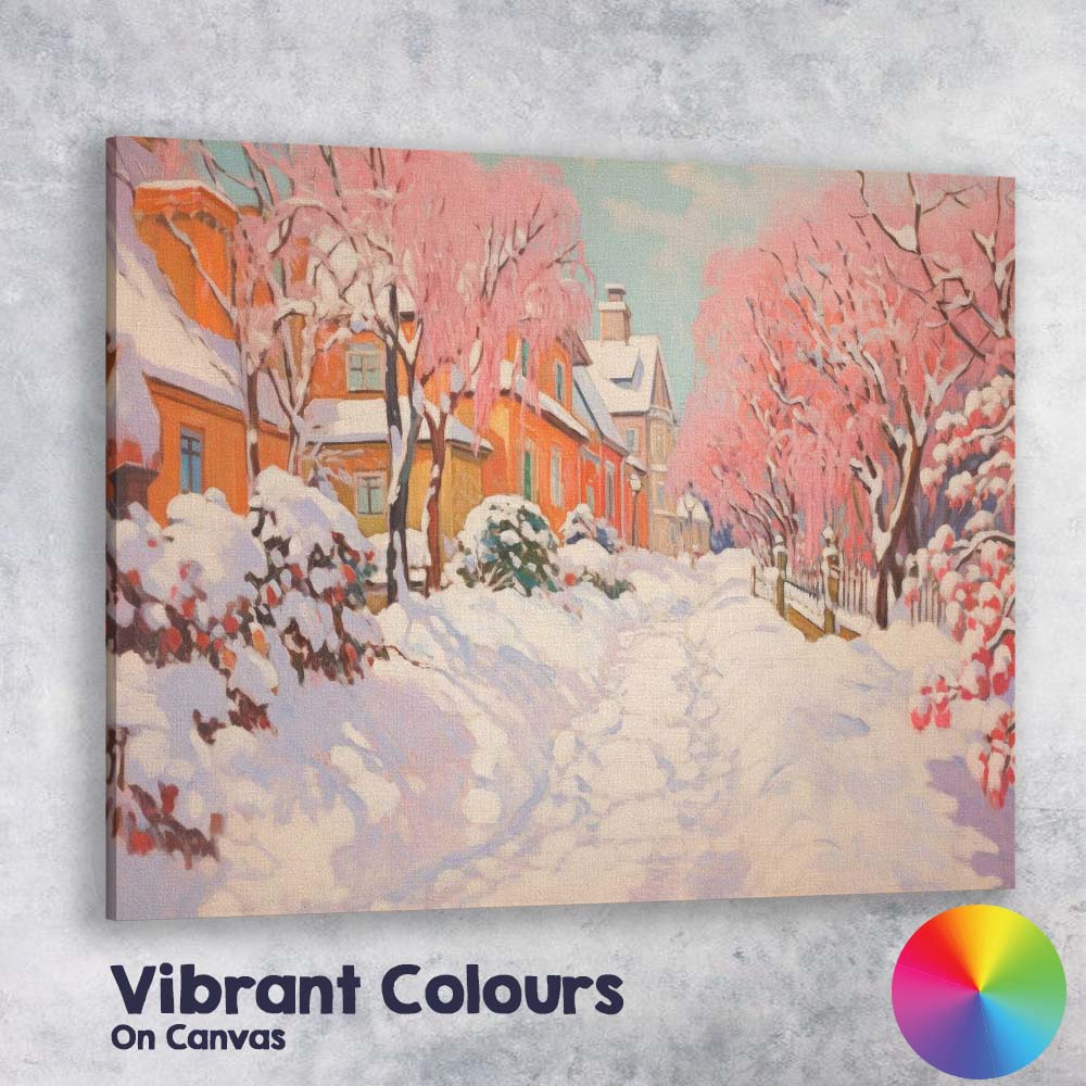 Snow Covered Pink Blossom Village Street Winter Impressionist Canvas Wall Art Print Decor Picture Ready to Hang