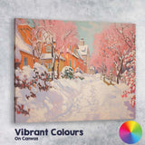 Snow Covered Pink Blossom Village Street Winter Impressionist Canvas Wall Art Print Decor Picture Ready to Hang