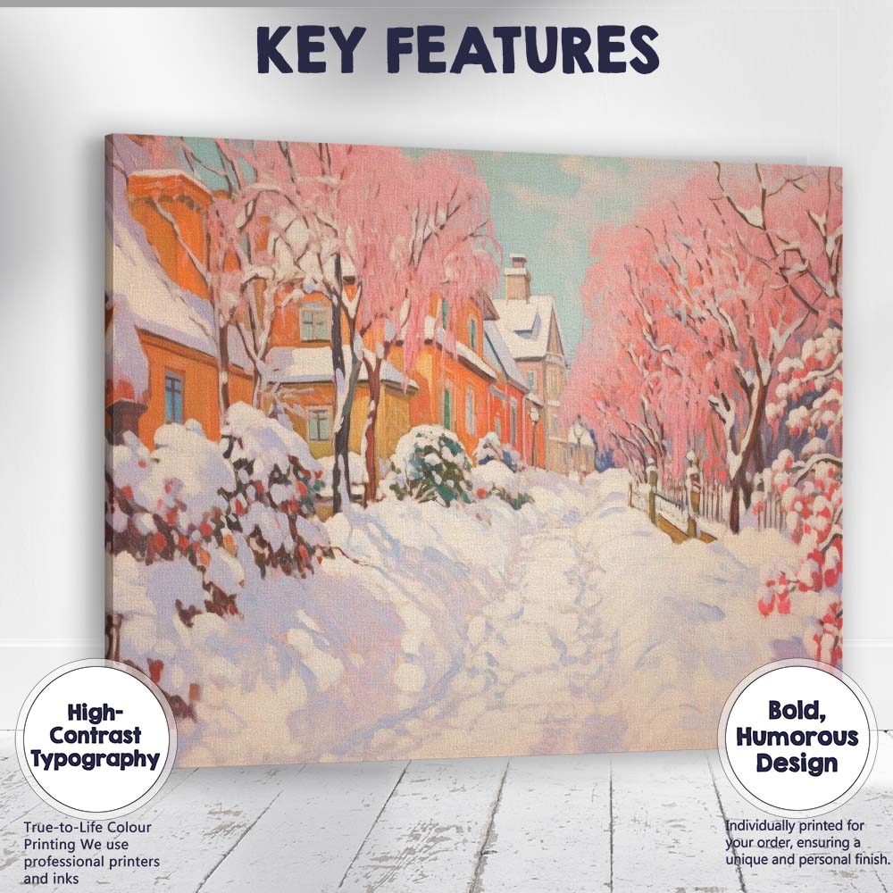 Snow Covered Pink Blossom Village Street Winter Impressionist Canvas Wall Art Print Decor Picture Ready to Hang