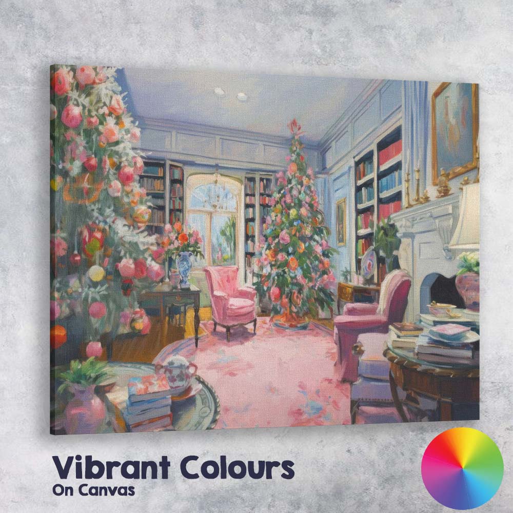 Elegant Christmas Living Room Festive Tree Interior Impressionist Canvas Wall Art Print Decor Picture Ready to Hang