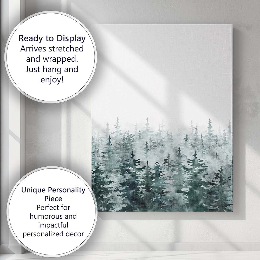Misty Watercolour Evergreen Pine Forest Landscape Canvas Wall Art Print Decor Picture Ready to Hang