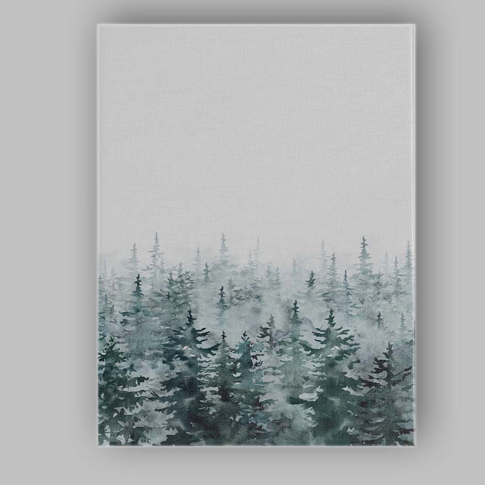 Misty Watercolour Evergreen Pine Forest Landscape Canvas Wall Art Print Decor Picture Ready to Hang
