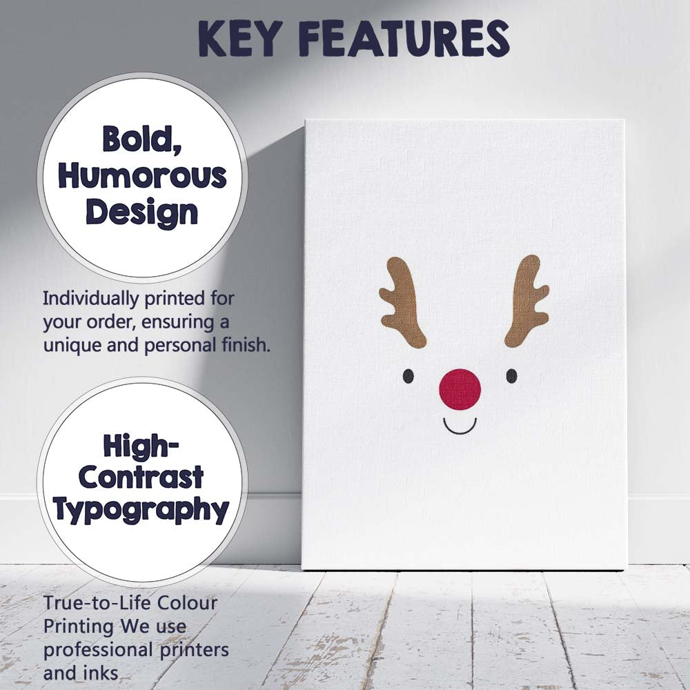 Cute Minimalist Reindeer Face Christmas Illustration Canvas Wall Art Print Decor Picture Ready to Hang