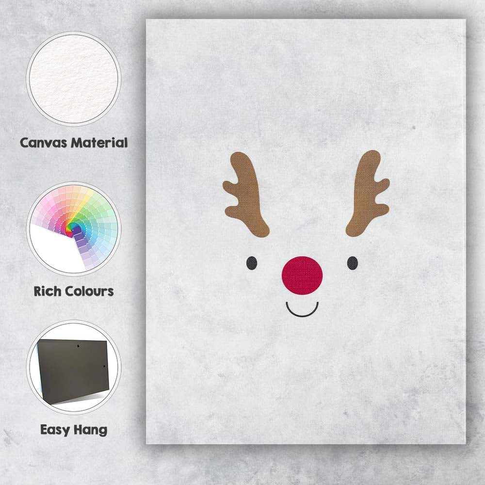 Cute Minimalist Reindeer Face Christmas Illustration Canvas Wall Art Print Decor Picture Ready to Hang