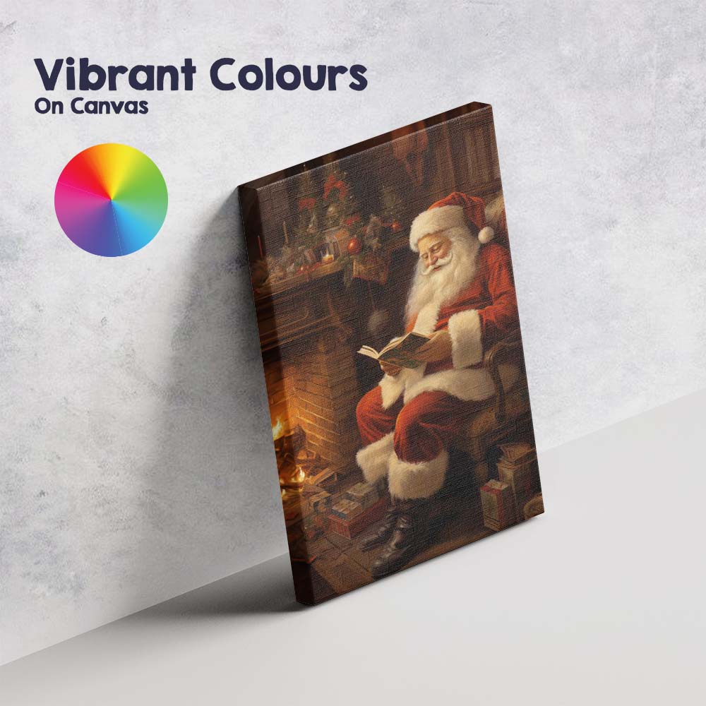 Cosy Santa Claus Reading by Fireplace Christmas Illustration Canvas Wall Art Print Decor Picture Ready to Hang