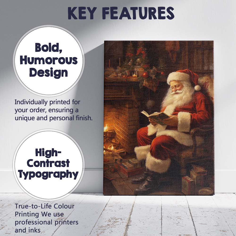 Cosy Santa Claus Reading by Fireplace Christmas Illustration Canvas Wall Art Print Decor Picture Ready to Hang
