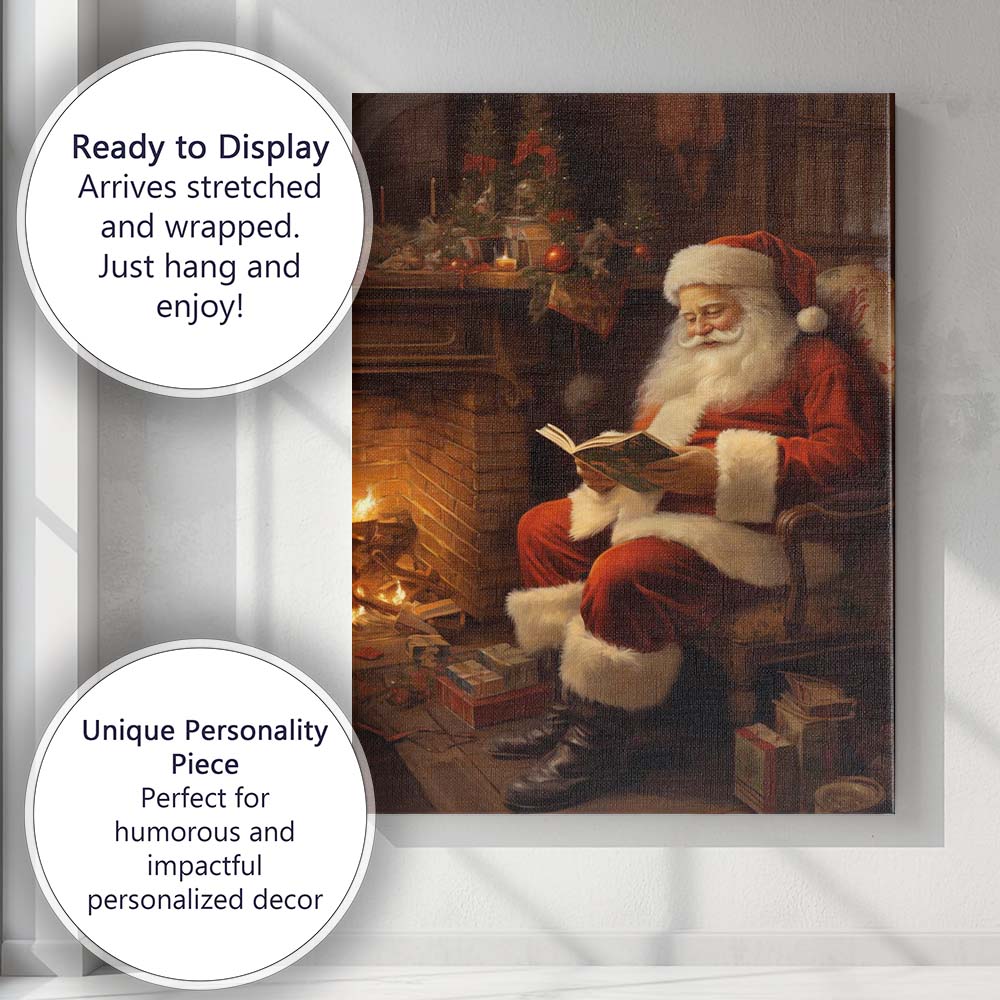 Cosy Santa Claus Reading by Fireplace Christmas Illustration Canvas Wall Art Print Decor Picture Ready to Hang