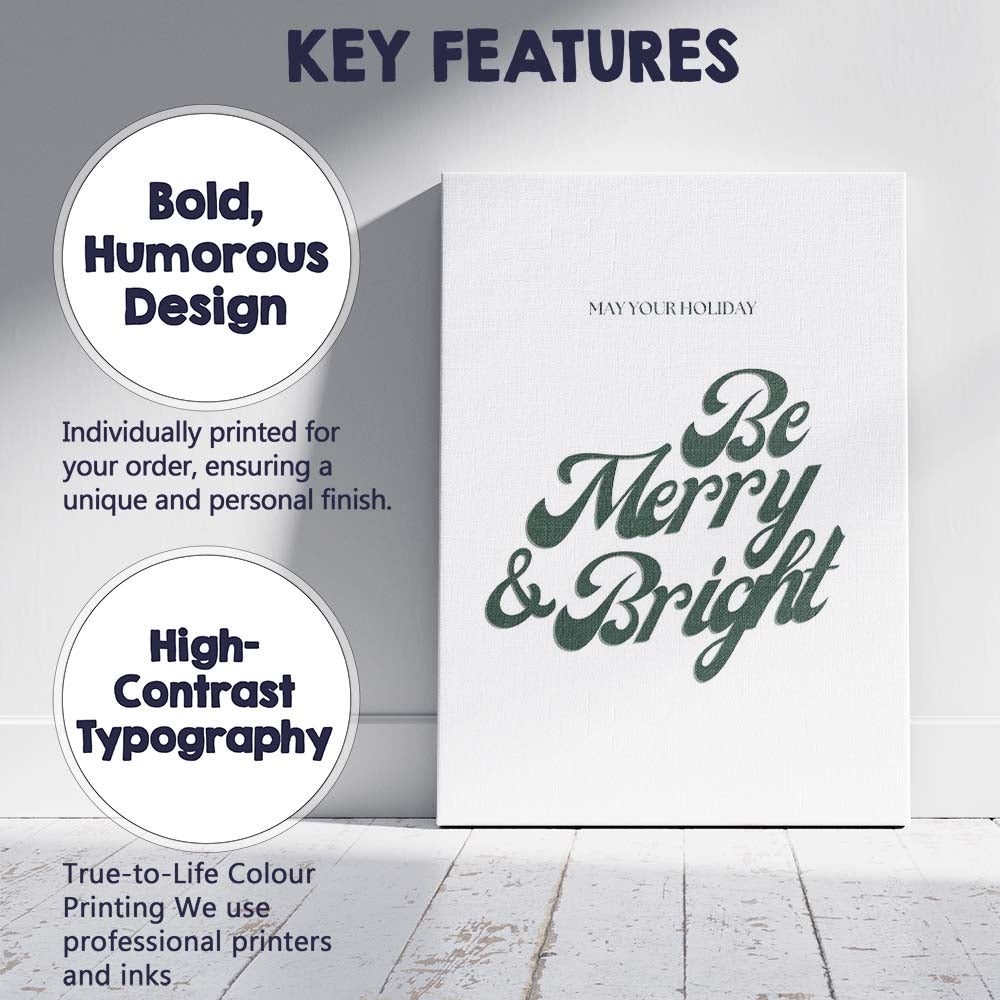 Elegant Be Merry And Bright Christmas Typography Canvas Wall Art Print Decor Picture Ready to Hang