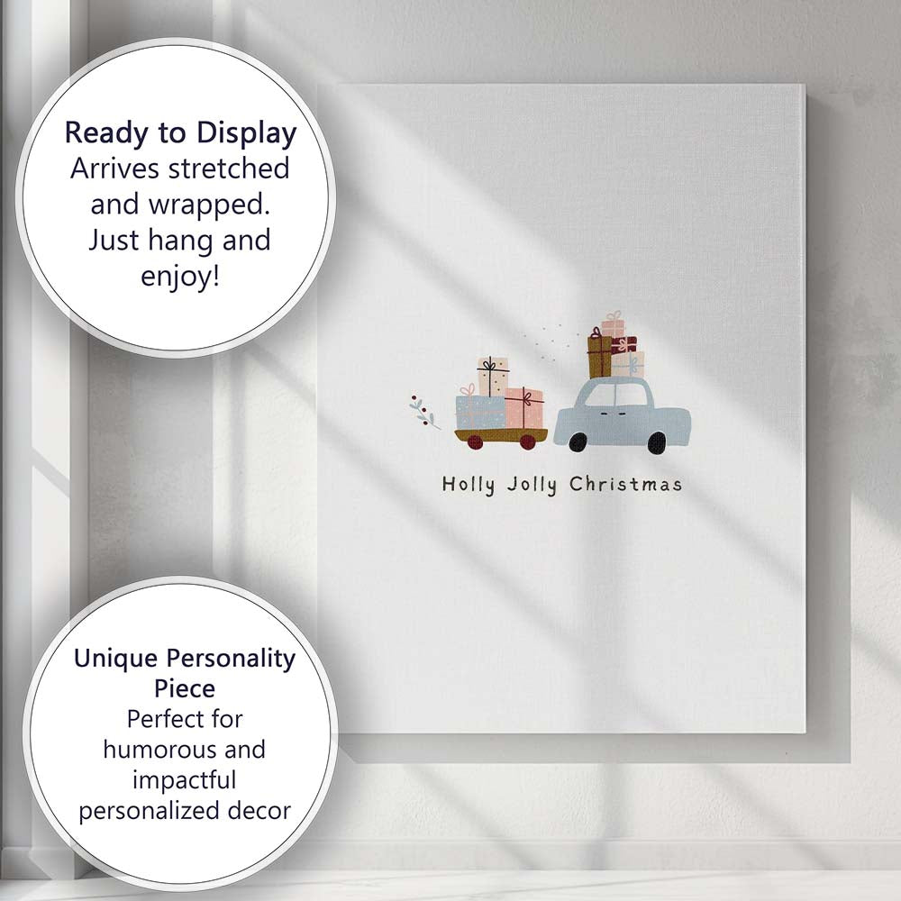Scandinavian Holly Jolly Christmas Gift Truck Illustration Canvas Wall Art Print Decor Picture Ready to Hang