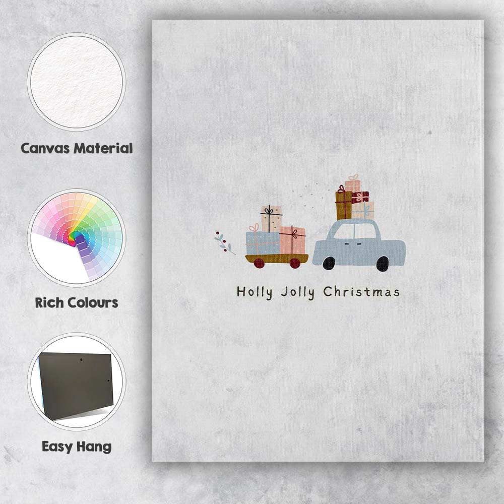 Scandinavian Holly Jolly Christmas Gift Truck Illustration Canvas Wall Art Print Decor Picture Ready to Hang