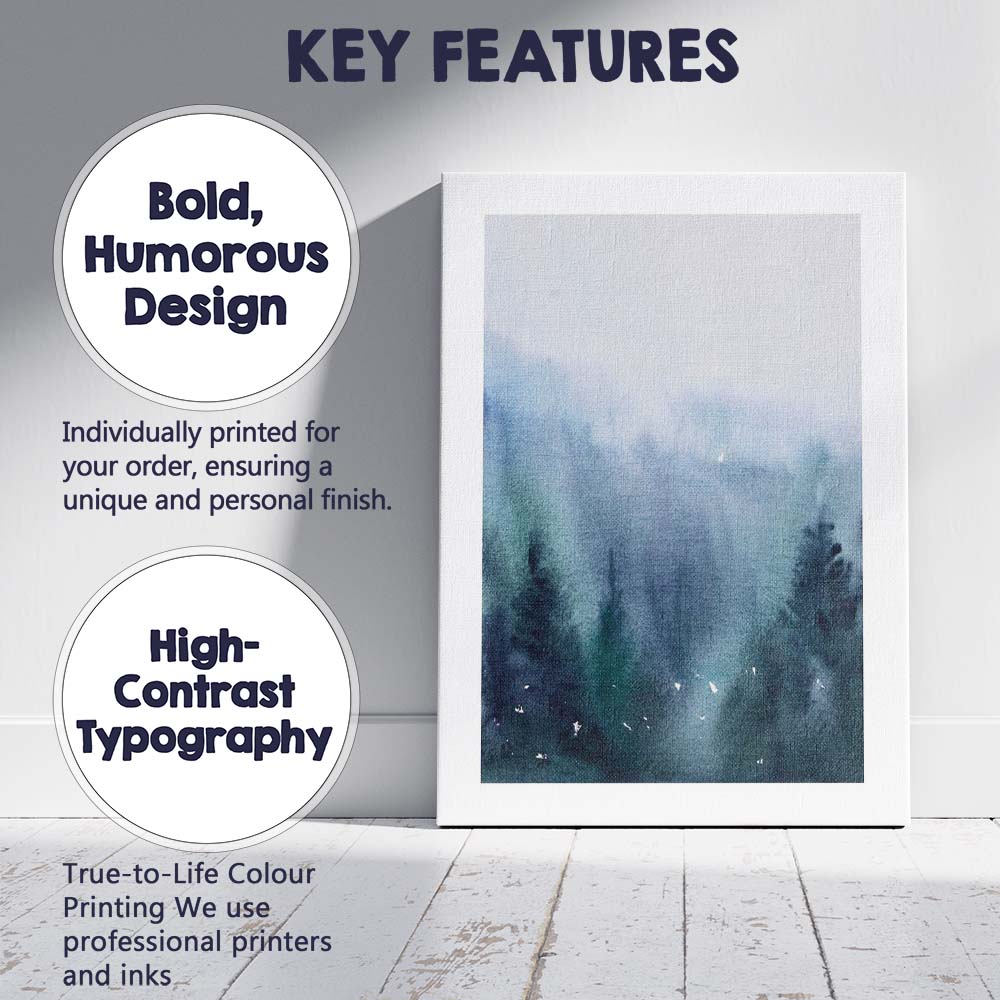 Misty Blue Watercolour Woodland Forest Landscape Canvas Wall Art Print Decor Picture Ready to Hang
