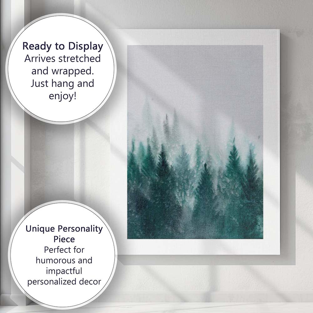 Misty Evergreen Pine Forest Watercolour Winter Landscape Canvas Wall Art Print Decor Picture Ready to Hang