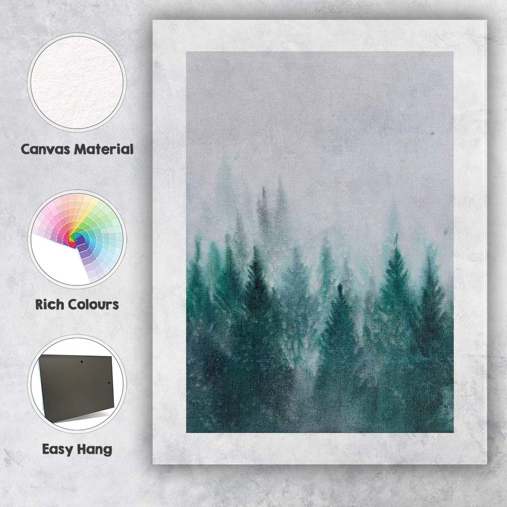 Misty Evergreen Pine Forest Watercolour Winter Landscape Canvas Wall Art Print Decor Picture Ready to Hang