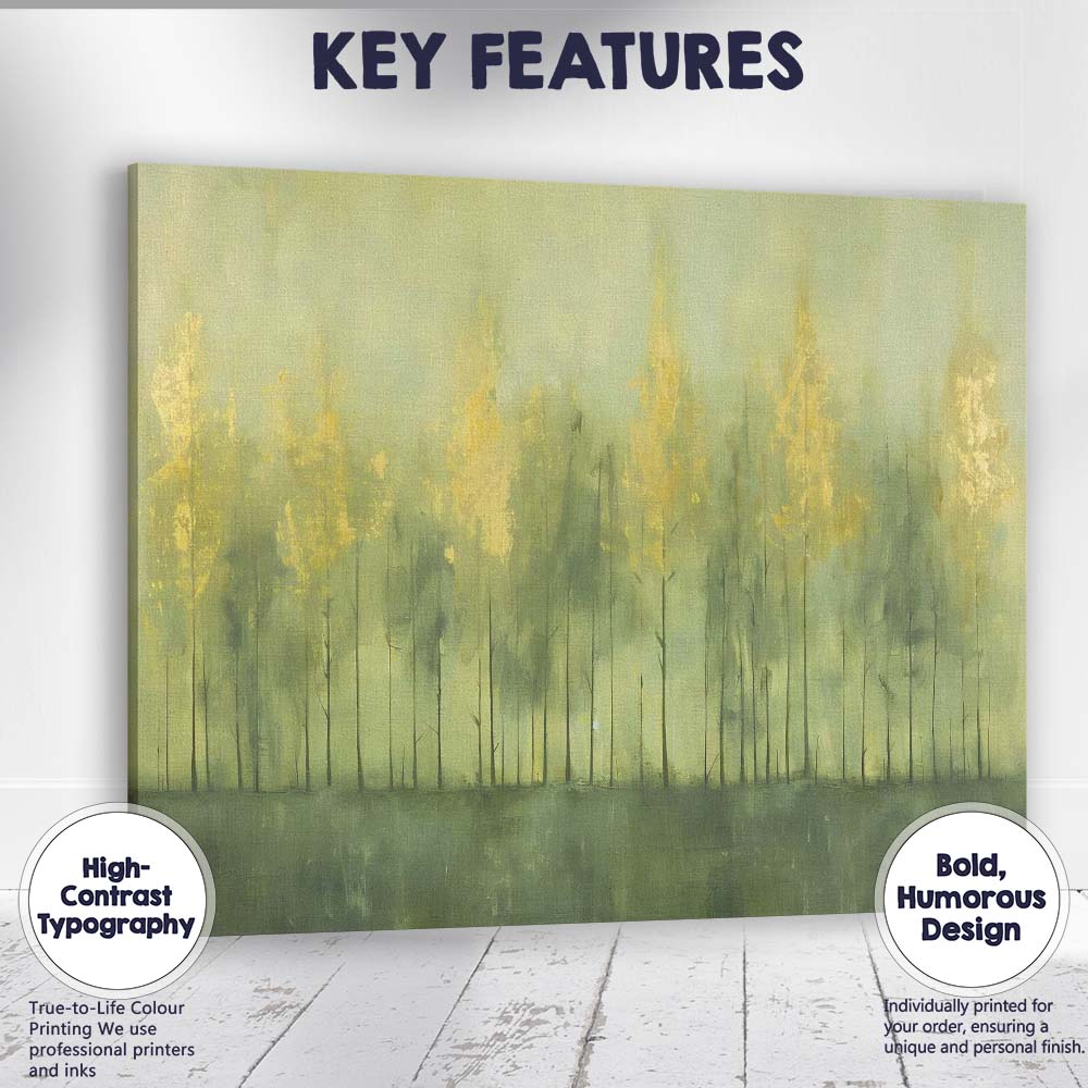 Abstract Misty Forest Trees with Gold Accents Contemporary Canvas Wall Art Print Decor Picture Ready to Hang