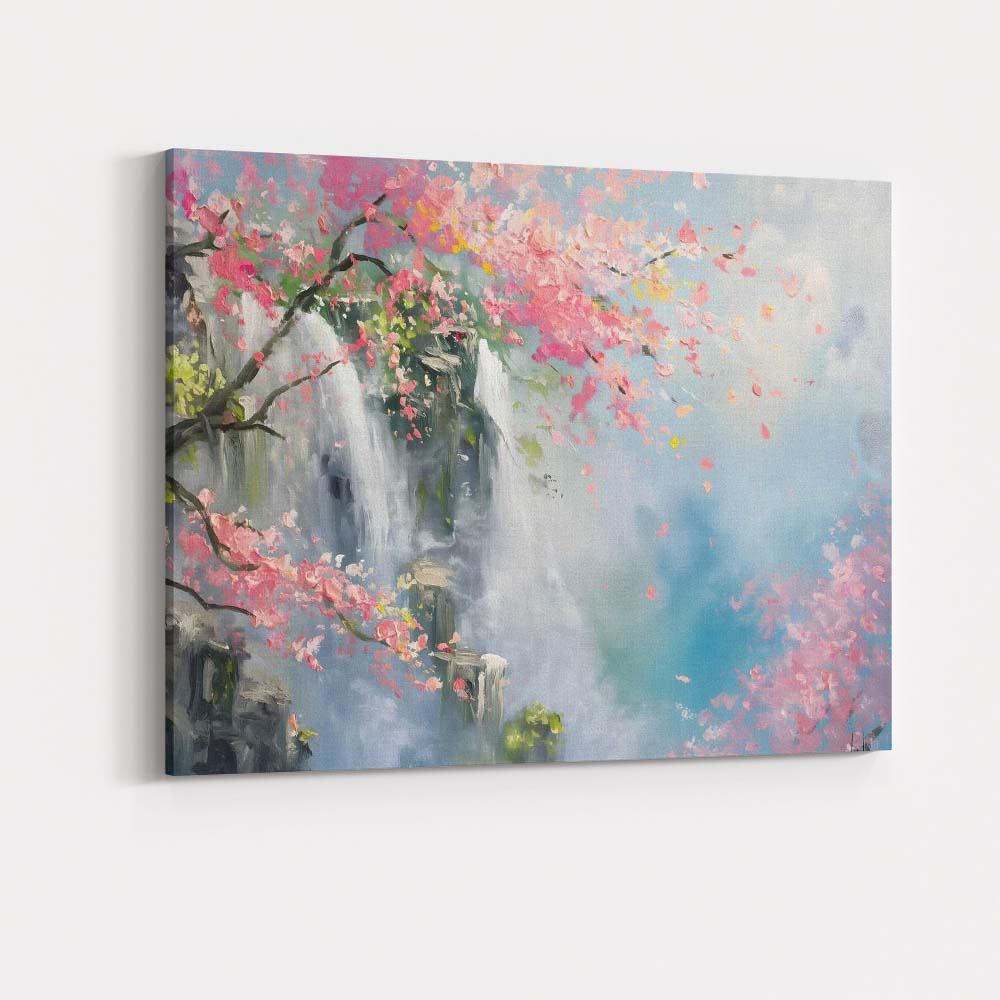 Dreamy Cherry Blossom Waterfall Landscape Painting Canvas Wall Art Print Decor Picture Ready to Hang