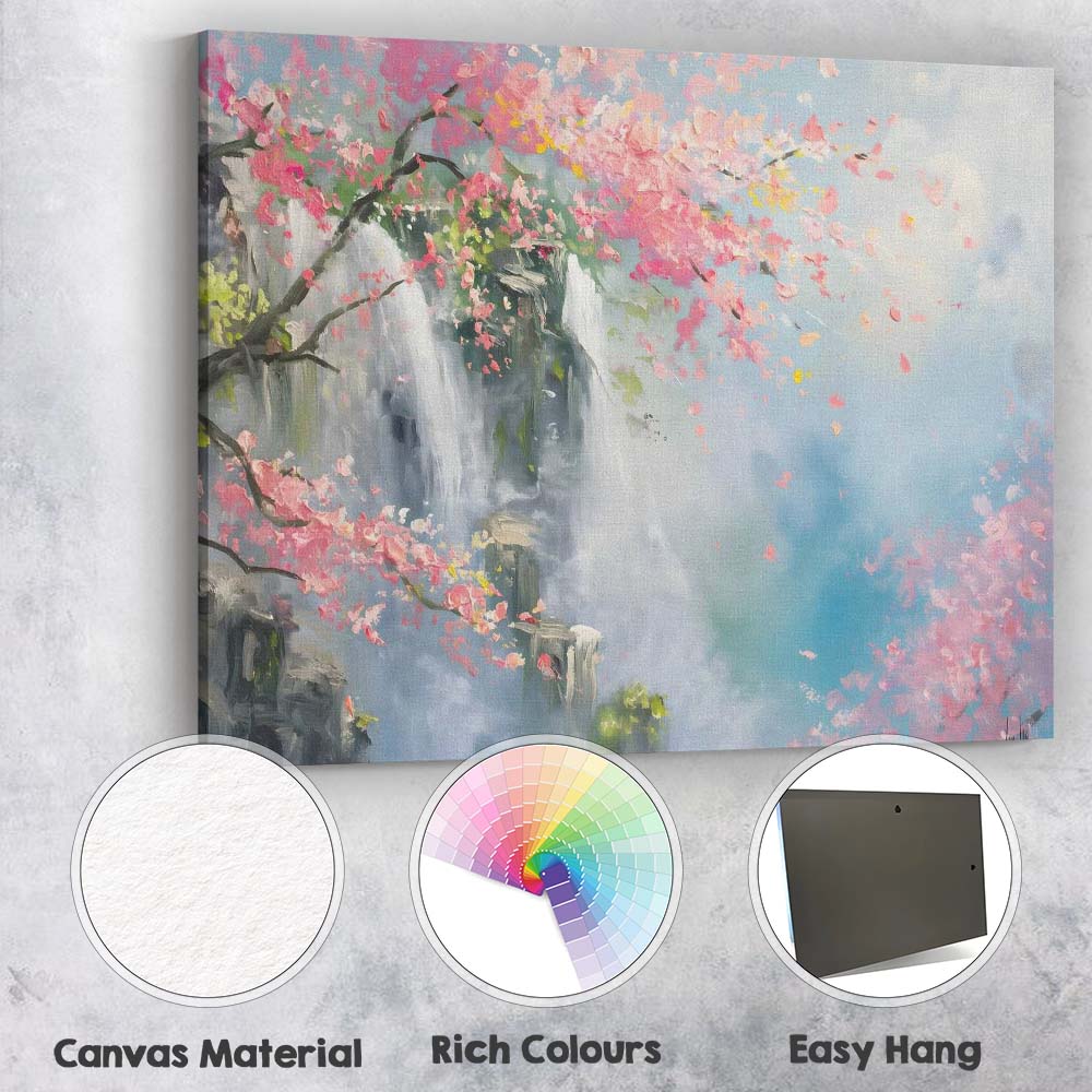 Dreamy Cherry Blossom Waterfall Landscape Painting Canvas Wall Art Print Decor Picture Ready to Hang