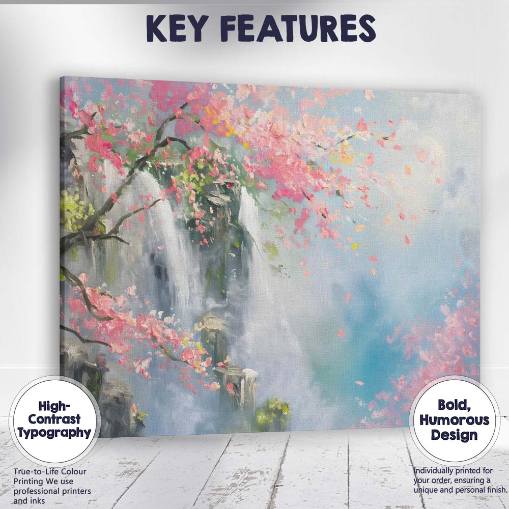 Dreamy Cherry Blossom Waterfall Landscape Painting Canvas Wall Art Print Decor Picture Ready to Hang