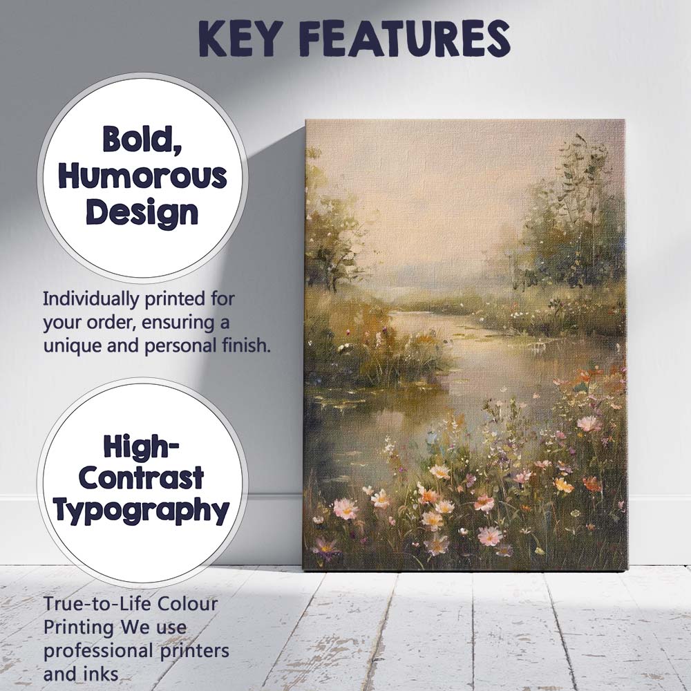 Serene Waterside Wildflower Meadow Atmospheric Landscape Canvas Wall Art Print Decor Picture Ready to Hang