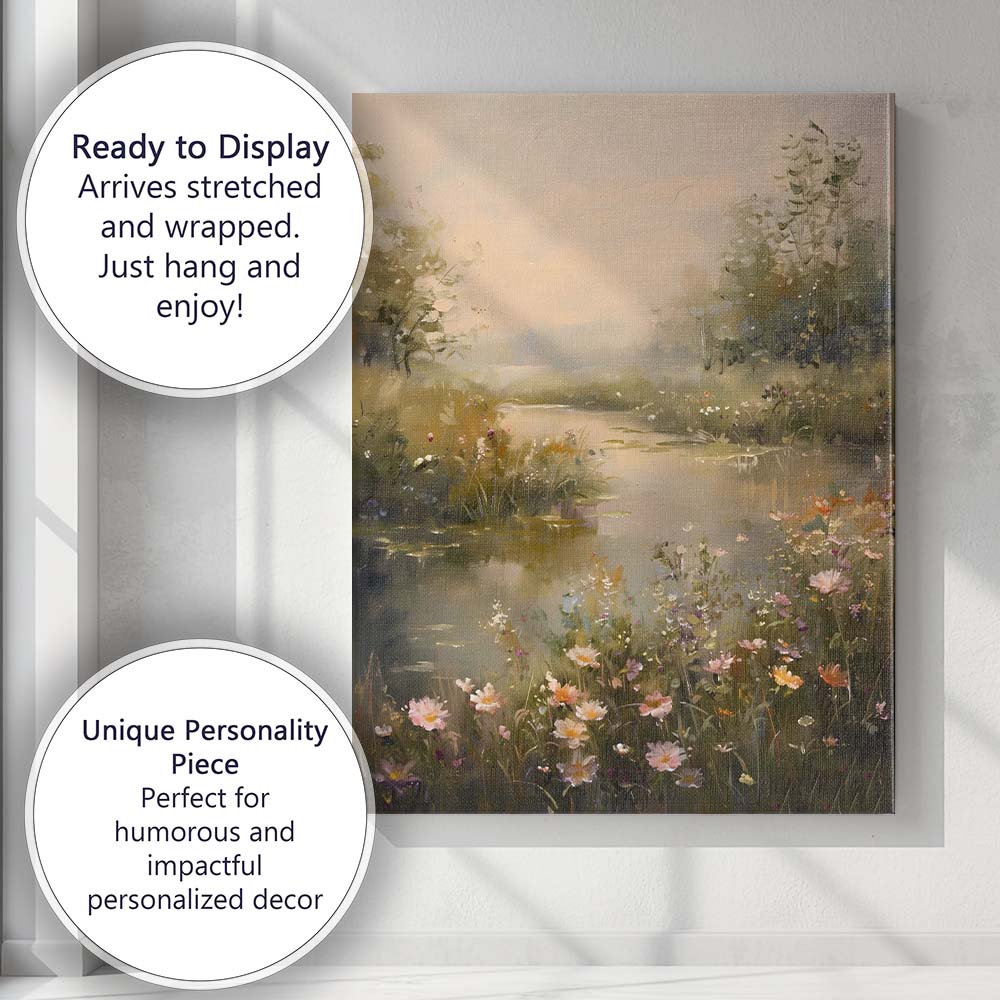 Serene Waterside Wildflower Meadow Atmospheric Landscape Canvas Wall Art Print Decor Picture Ready to Hang