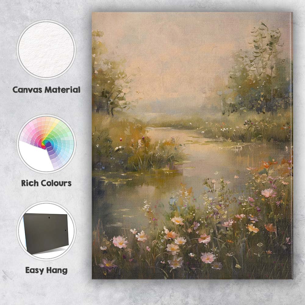 Serene Waterside Wildflower Meadow Atmospheric Landscape Canvas Wall Art Print Decor Picture Ready to Hang