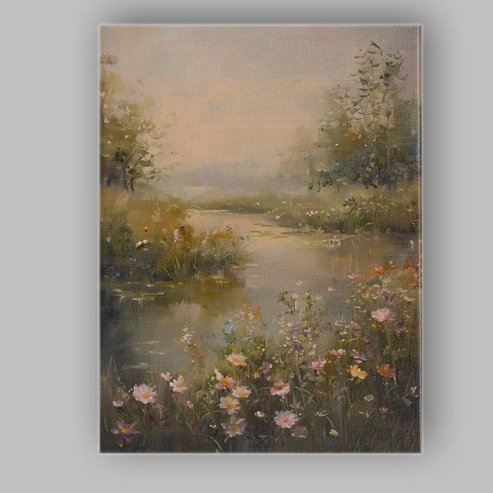 Serene Waterside Wildflower Meadow Atmospheric Landscape Canvas Wall Art Print Decor Picture Ready to Hang