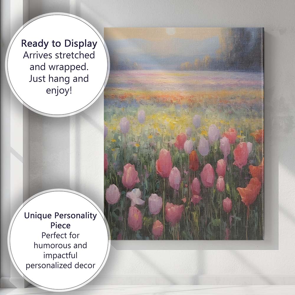 Pastel Tulip Meadow Sunrise Landscape Canvas Wall Art Print Decor Picture Ready to Hang