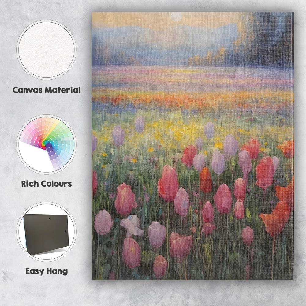 Pastel Tulip Meadow Sunrise Landscape Canvas Wall Art Print Decor Picture Ready to Hang