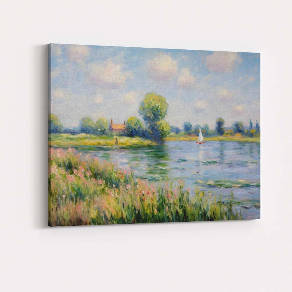 Pastel Riverside Meadow Sailboat Impressionist Landscape Canvas Wall Art Print Decor Picture Ready to Hang