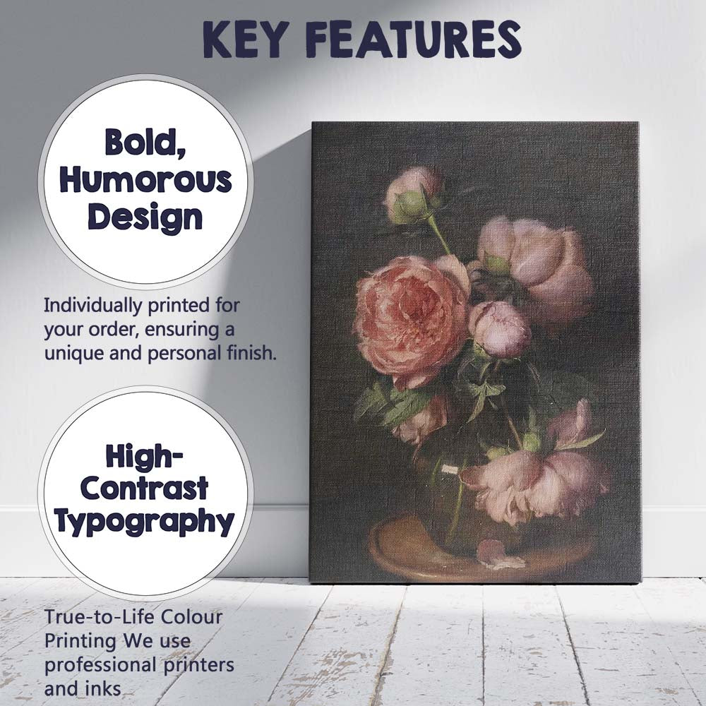 Elegant Pink Peony Still Life Floral Painting Canvas Wall Art Print Decor Picture Ready to Hang