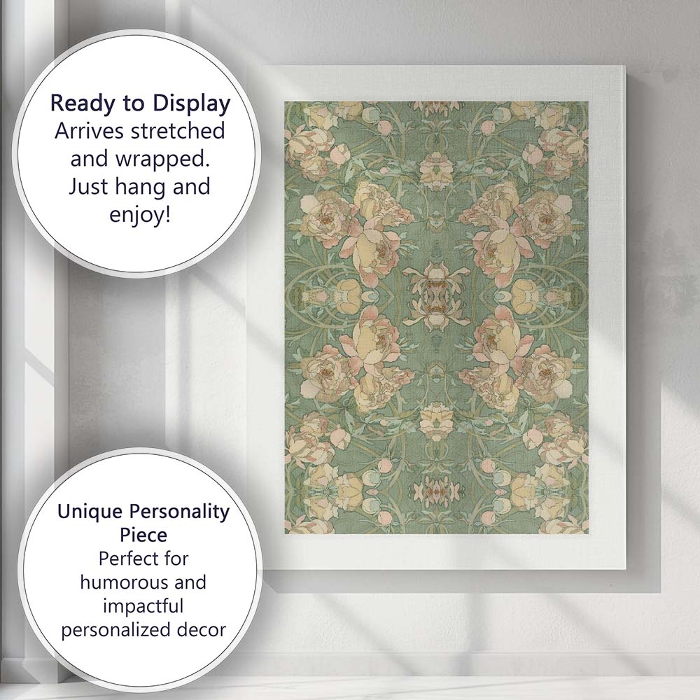 Art Nouveau Peony Floral Repeat Pattern Sage Green Canvas Wall Art Print Decor Picture Ready to Hang