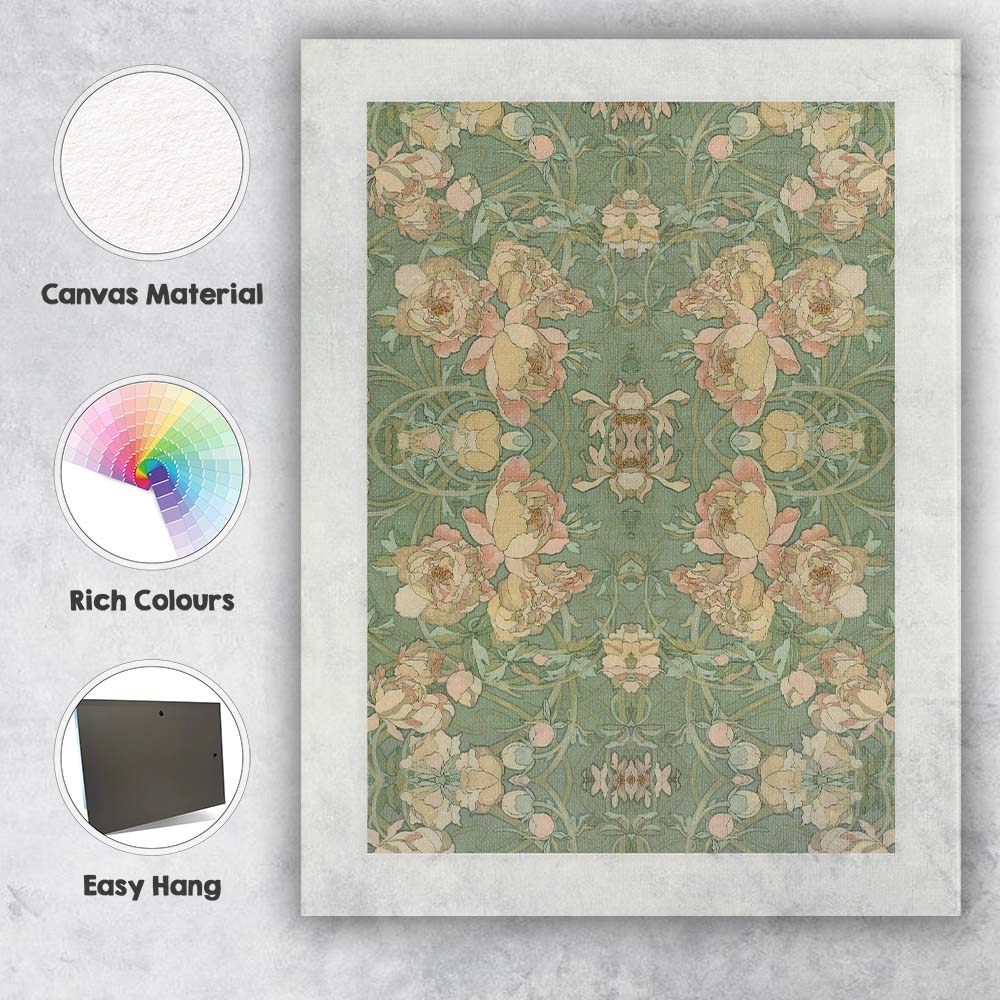 Art Nouveau Peony Floral Repeat Pattern Sage Green Canvas Wall Art Print Decor Picture Ready to Hang