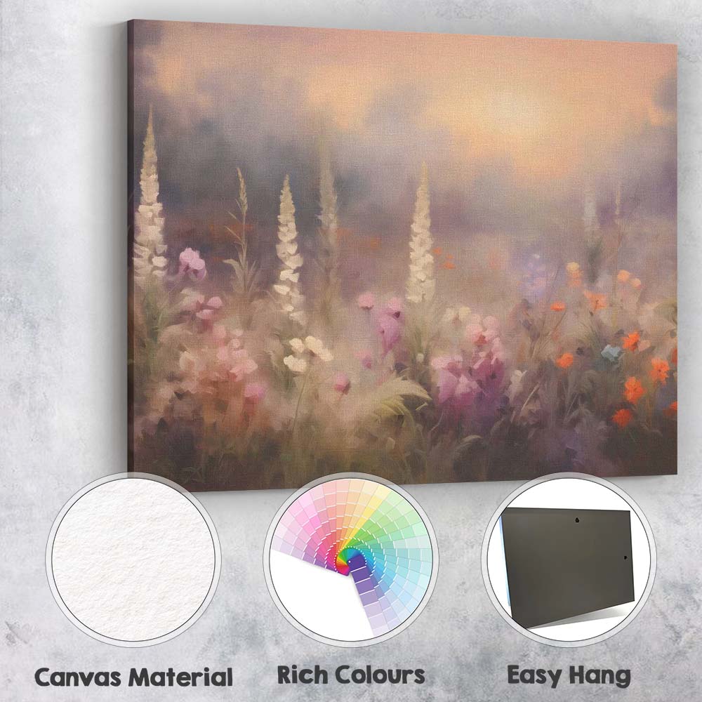 Dreamy Wildflower Meadow Misty Sunset Landscape Canvas Wall Art Print Decor Picture Ready to Hang