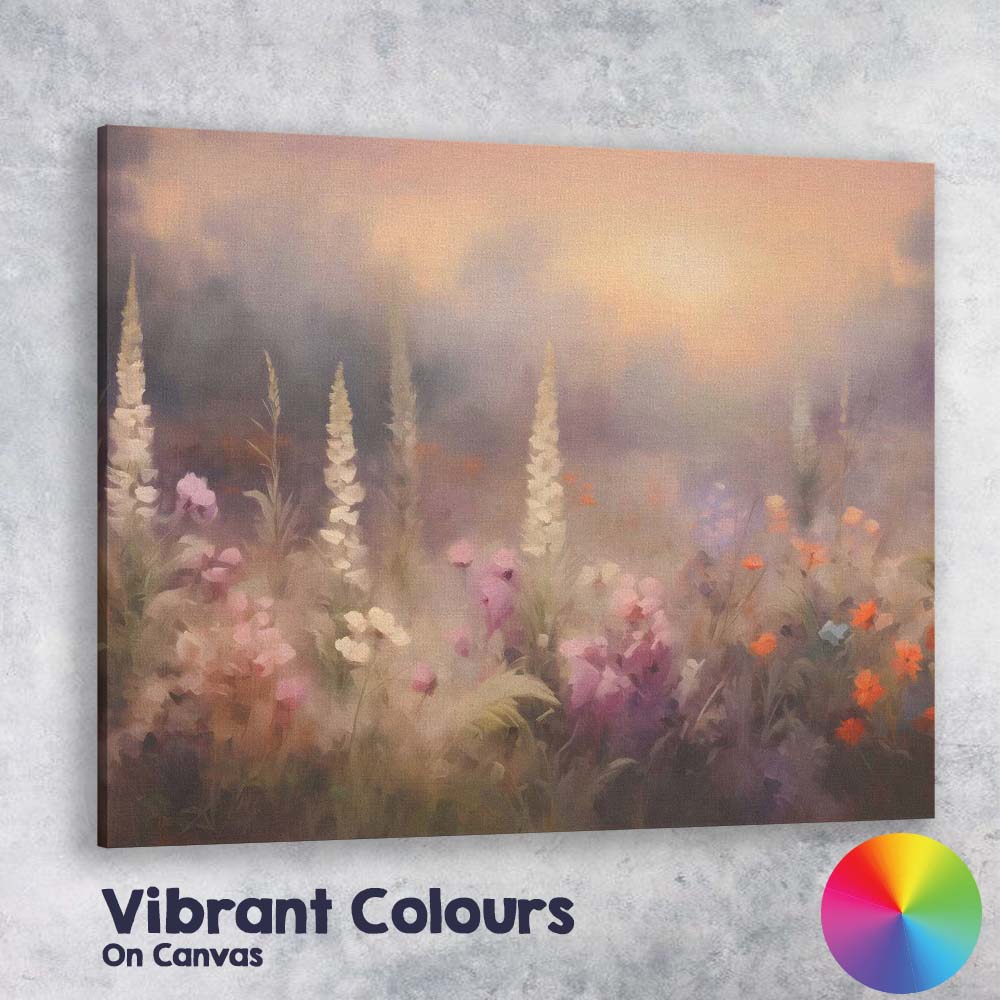 Dreamy Wildflower Meadow Misty Sunset Landscape Canvas Wall Art Print Decor Picture Ready to Hang