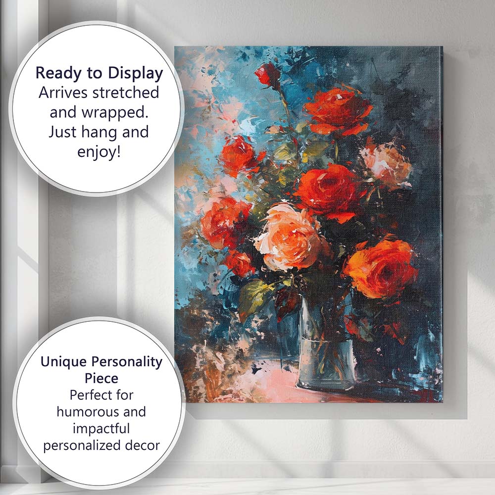 Bold Red Rose Floral Abstract Expressionist Painting Canvas Wall Art Print Decor Picture Ready to Hang