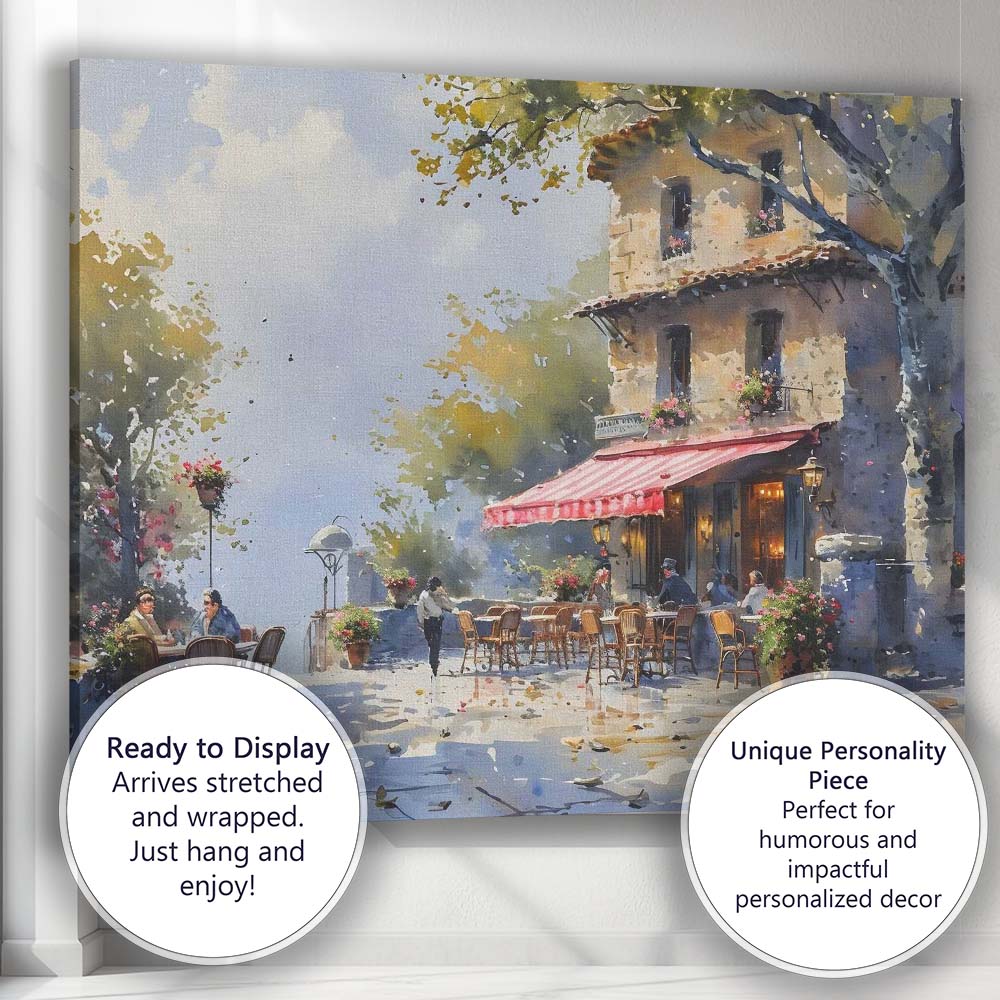 Charming European Cafe Street Watercolour Scene Canvas Wall Art Print Decor Picture Ready to Hang