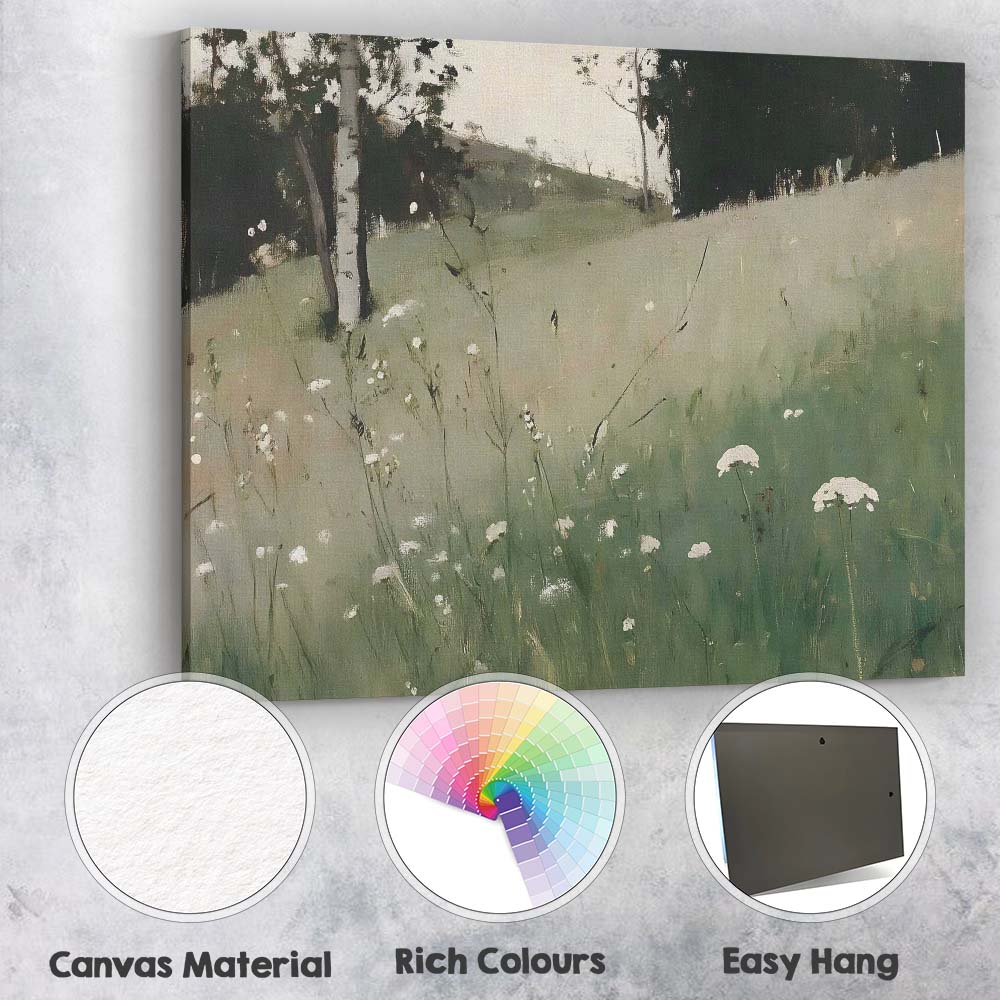 Delicate Wildflower Meadow Birch Tree Minimalist Landscape Canvas Wall Art Print Decor Picture Ready to Hang