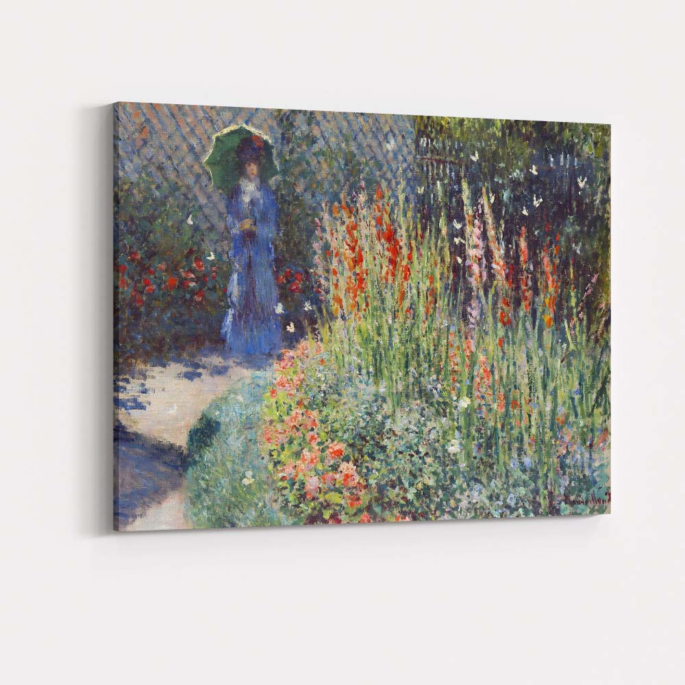 Impressionist Garden Lady With Parasol Colourful Flower Border Canvas Wall Art Print Decor Picture Ready to Hang