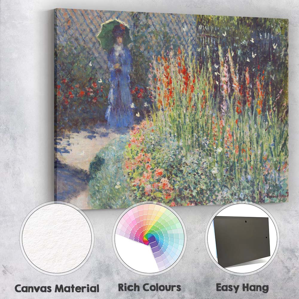 Impressionist Garden Lady With Parasol Colourful Flower Border Canvas Wall Art Print Decor Picture Ready to Hang